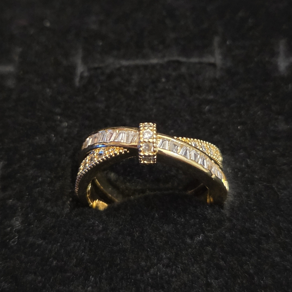 Gold Tone Criss-Cross Clear Stone Baguette Adjustable Ring Size 5.5 - 7